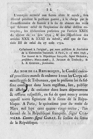 Droits d'entrées à percevoir sur les sucres, cafés, cacao et indigo provenant des colonies : décret de la Convention nationale du 12 mars 1793 n° 574