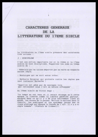Cours de littérature dispensés par Aimé Césaire au lycée Schoelcher. Transcriptions dactylographiées des cours sur le 17ème siècle