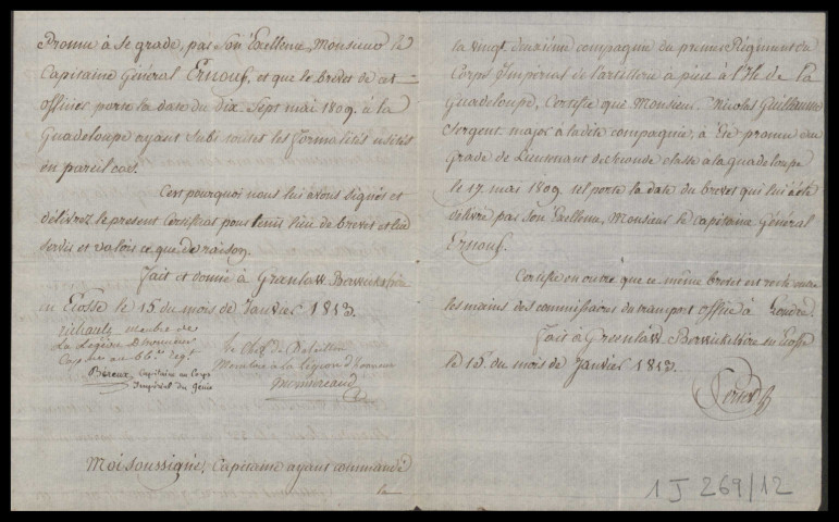 Lettre d'officiers français prisonniers de guerre en Ecosse certifiant que leur brevet ont été confisqués à leur arrivée et non rendus et que Nicolas Guillaume est bien lieutenant de seconde classe promû à ce grade par le capitaine Ernouf à la Guadeloupe le 17 mai 1809