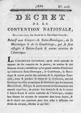 Citoyens de Saint-Domingue, de la Martinique et de la Guadeloupe réfugiés à Sainte-Lucie et dans d'autres contrées de l'Amérique : décret de la Convention nationale