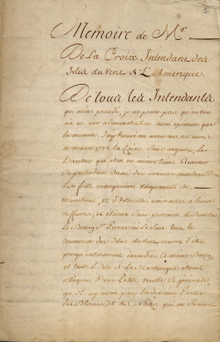 Documents concernant le comte de Lacroix. Administration de la Martinique : mémoire de M. de Lacroix, intendant des îles du vent d'Amérique