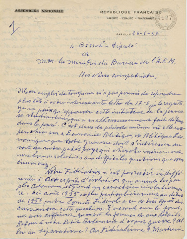Statut de la Martinique : lettre du député Léopold Bissol aux membres du bureau de l'Association des Etudiants de la Martinique