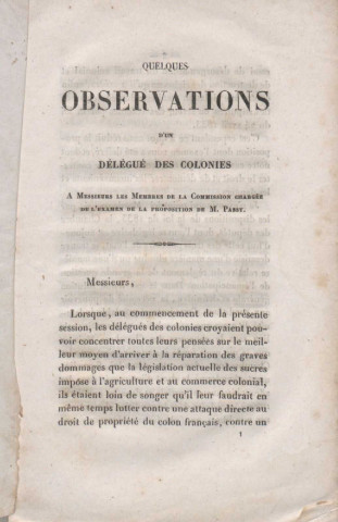 Quelques observations d’un délégué des Colonies à messieurs les membres de la commission chargée de l’examen de la proposition de M. Passy