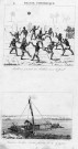 Indiens jouant au ballon avec le pied. Radeau indien sur les fleuves de la Guyane