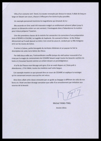 Cours de littérature dispensés par Aimé Césaire au lycée Schoelcher. Note de Michel Yang-Ting sur le contexte, le déroulement et l'ambiance d'un cours