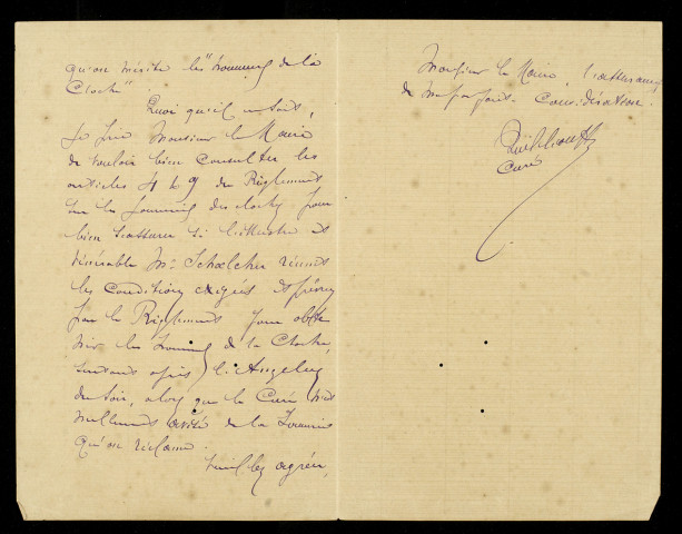 Lettre réponse du curé Quillou au maire relatif à sa demande de sonner les cloches à l'occasion de la mort de Victor Schoelcher