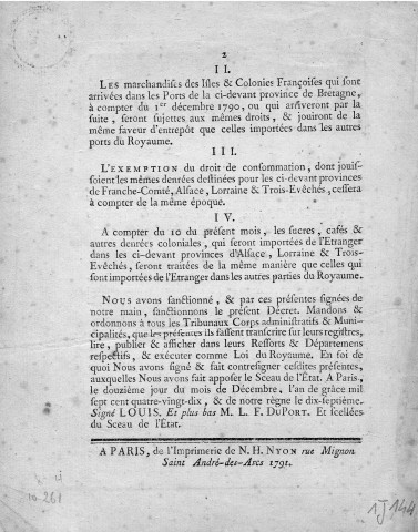 Importation de denrées provenant des colonies. Loi relative aux droits à percevoir dans les provinces de Bretagne, Lorraine et Franche-Comté