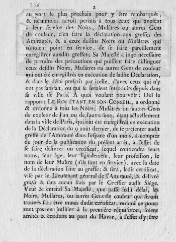 Police des noirs, mulâtres et autres gens de couleur à Paris : arrêt du Conseil d'Etat du roi