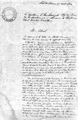 Poste de surveillant de la prise d'eau de la rivière l'Or. Contentieux entre la direction de l'Artillerie de la Martinique et M. Michel Vernest : correspondance