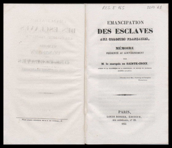 Emancipation des esclaves aux Colonies françaises : mémoire présenté au gouvernement