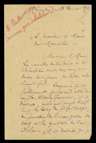 Lettre réponse du curé Quillou au maire relatif à sa demande de sonner les cloches à l'occasion de la mort de Victor Schoelcher