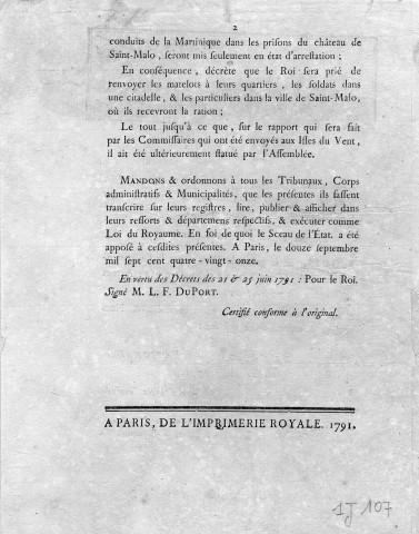 Loi relative aux soldats, matelots et particuliers conduits de la Martinique dans les prisons du château de Saint-Malo