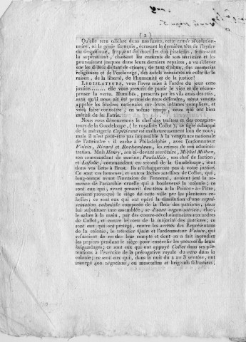 Pétition à la Convention nationale par les patriotes, citoyens de couleur, déportés par les anglais et débarqués à Rochefort, après s'être rendus maîtres des bâtiments anglais n° 34 et 42 par le 41ème degré de latitude nord