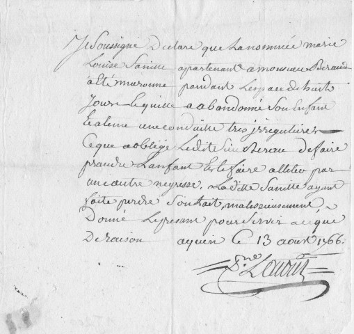 Marronnage de l'esclave Louise dite Sanitte : déclaration de monsieur Beraud, extrait des registres du greffe de Saint-Louis