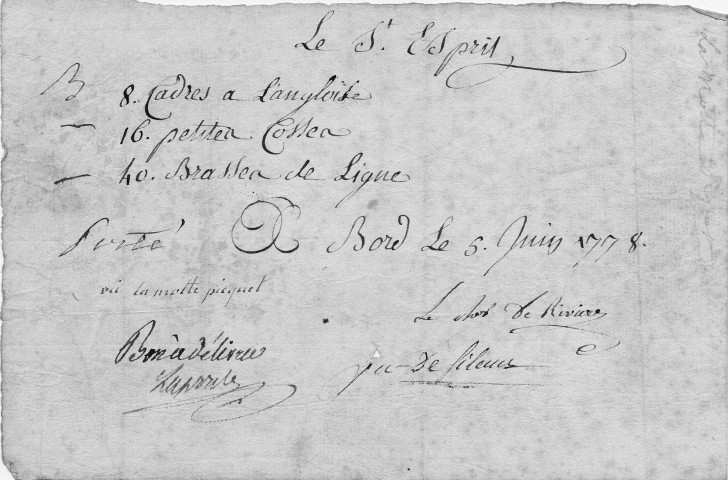 Bon de matériel porté à bord du Saint-Esprit le 5 juin 1778