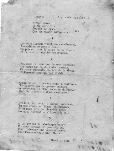 Pèlerinage du 20 janvier 1919 au Saint-Esprit : cantique en action de grâce à Notre Dame des Victoires