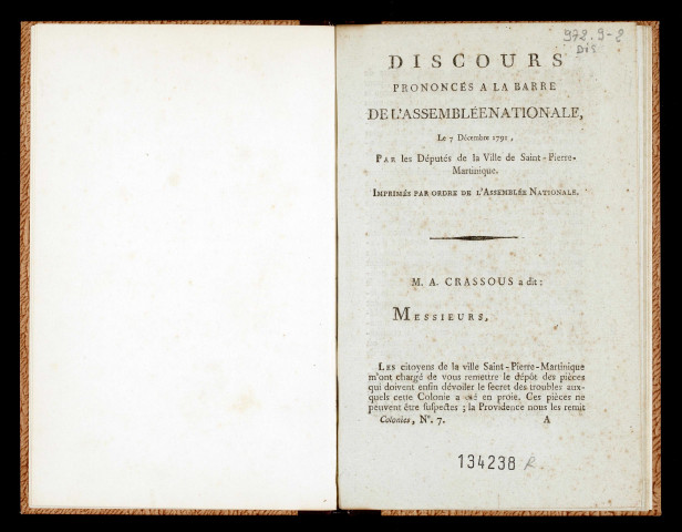 Discours prononcés à la barre de l'Assemblée nationale, le 7 décembre 1791, par les députés de la ville de Saint-Pierre, Martinique